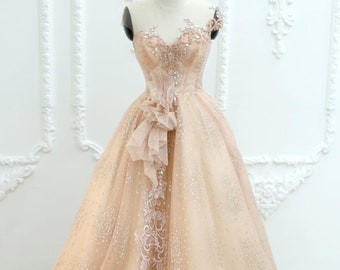 Cap sleeves or sleeveless pastel pink/rose A-line sparkly beaded lace wedding/prom dress - various styles