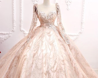 Rose gold or pink long sleeves beaded sparkle ball gown wedding dress with glitter tulle - various styles