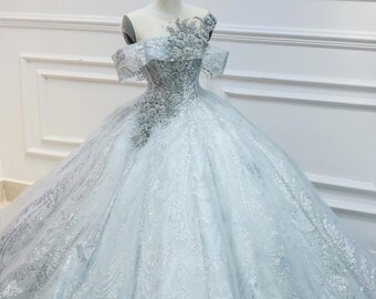 Sparkly grey sleeveless or drop sleeves ball gown wedding/prom dress with glitter tulle and court train - various styles