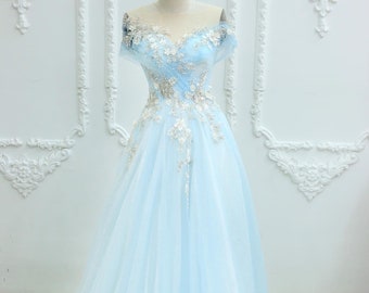 Baby blue or teal A-line wedding/prom dress with lace, glitter tulle or tiered skirt - various styles