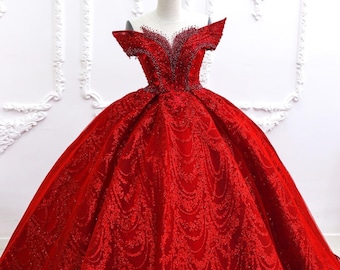 Red sparkle beaded cap sleeves ball gown wedding / prom dress with glitter tulle - various styles