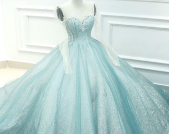 Aqua blue - mint blue - sky blue beaded sparkle ball gown wedding dress with train & glitter tulle - various styles