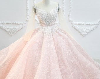 Light pink sparkle long sleeves ball gown wedding dress with glitter tulle - various styles