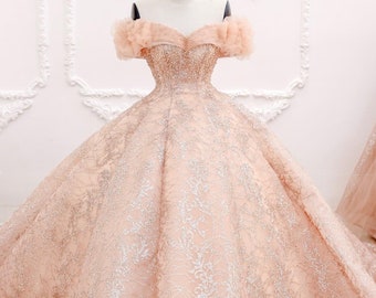 Beauteous pink beaded bodice drop sleeves sparkle ball gown wedding dress with glitter tulle - various styles