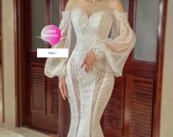 Elegant and sexy boho vintage lace long sleeves white mermaid wedding dress with cutout or slit thigh - various styles