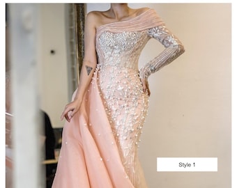 Light pink beaded sparkly mermaid wedding/evening dress with glitter tulle and detachable or attached train - various styles