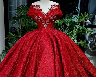 Lady in red - Queen style sleeves red sparkle ball gown wedding dress with beadings & glitter tulle
