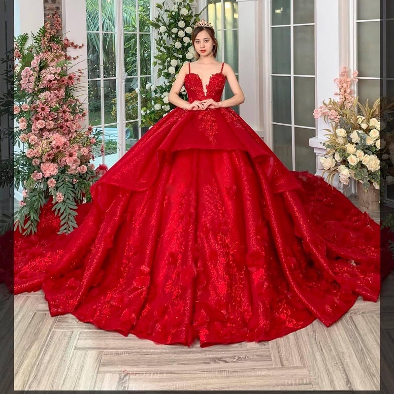 Yuki Isabelle Women's Beaded Corset Ball Gown - Custom Quinceanera Dress, Red, Plus Size 28, Tiered Skirt