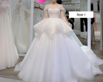 Pleasant off the shoulder lace white ball gown wedding dress with train - various styles