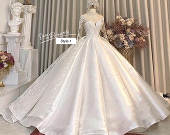 Royal long sleeves white satin ball gown wedding dress with lace and train - various styles