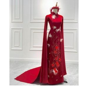 Beaded feathers red Traditional Vietnamese Wedding Ao Dai with watteau sleeves and train - various styles