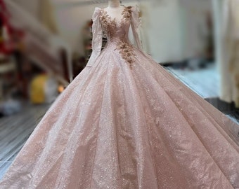 Prinzessin rosa/roségold lange Ärmel oder ärmelloses funkeln Ballkleid Brautkleid mit Glitzer Tüll - verschiedene Stile