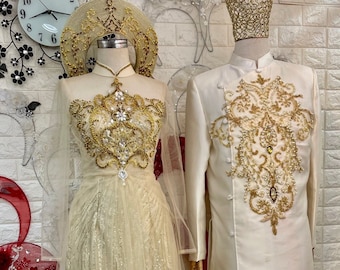 Gold Vietnamese Wedding Ao Dai with beadings and sparkly glitter tulle - optional head piece - various styles