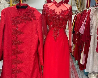 Traditional couple Vietnamese Wedding Bridal lace Ao Dai in red with train and beaded lace - optional head piece - various styles