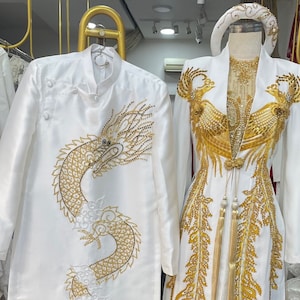 White bridal overcoat for Traditional Vietnamese Wedding Ao Dai with hand drawn phoenix patterns
