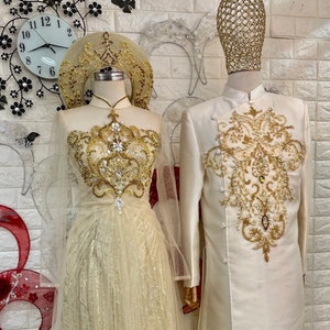 Gold Vietnamese Wedding Ao Dai with beadings and sparkly glitter tulle - optional head piece - various styles