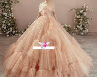 Pretty princess pink drop sleeves sparkle ball gown wedding dress with train & glitter tulle - various styles