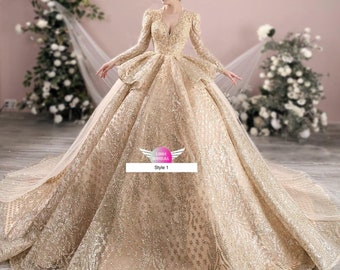 Golden princess long sleeves sparkle ball gown wedding/prom dress with glitter tulle - various styles