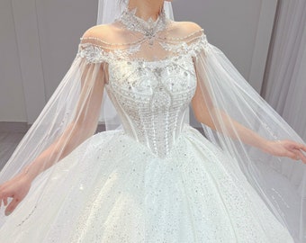 Delightful watteau train sparkly white ball gown wedding dress with glitter tulle - various styles