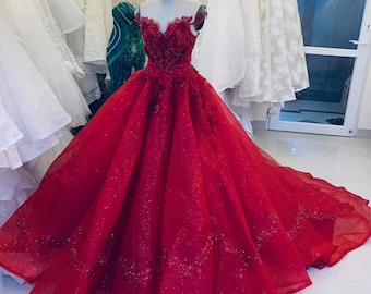 Sexy red sparkling wedding ball gown dress chapel train with floral lace applique and beads