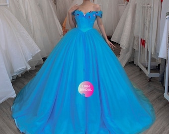 Cinderella live action inspired costume blue/purple off the shoulder ballgown wedding/prom dress with glitter tulle and chapel train