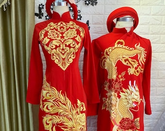 Traditional Vietnamese Wedding Ao Dai in red with gold drawn patterns dragons/phoenix - optional head piece - couple or single