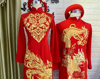 Traditional Vietnamese Wedding Ao Dai in red with gold drawn patterns dragons/phoenix - optional head piece - couple or single