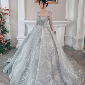 Modern Sparkly Grey/silver Long or Cap Sleeves Ball Gown - Etsy