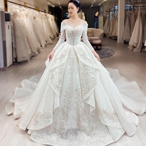 Upscale Princess Long Sleeves White Sparkly Ballgown Wedding Dress With Tiered Skirt and Train Various Styles Etsy