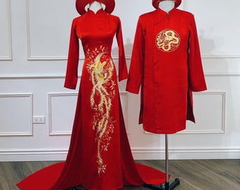 Traditional Vietnamese Wedding Ao Dai in red with hand drawn or embroidered dragons/phoenix/bird- optional head piece - couple or single