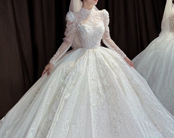 High crew neck beautiful sparkly beaded long sleeve lace white ball gown wedding dress with glitter tulle - various styles