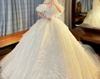 Grand queen style sleeves sparkly white ball gown wedding dress - various styles