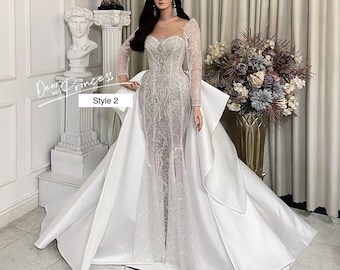Fancy long sleeves white mermaid wedding/evening dress with detachable skirt - two styles