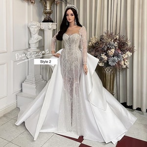 Fancy long sleeves white mermaid wedding/evening dress with detachable skirt - two styles