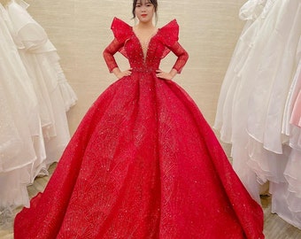 Splendid long sleeves red sparkle ball gown wedding dress with beadings & glitter tulle - various styles