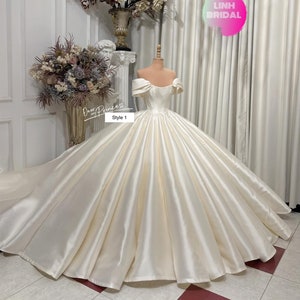 Off the shoulder cream or white satin drop sleeves or sleeveless ball gown wedding dress - various styles