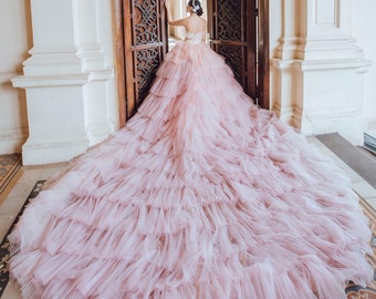 Princess pink off the shoulder ballgown wedding/prom dress with tiered skirt and train - various styles