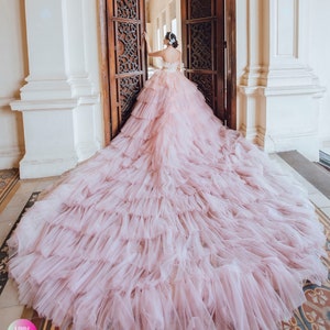 Princess pink off the shoulder ballgown wedding/prom dress with tiered skirt and train various styles image 1