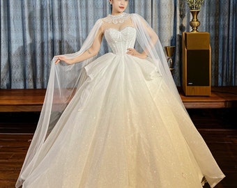 Ruffled sleeves or removable watteau train white sparkle ballgown wedding dress with glitter tulle - various styles