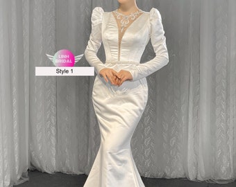 Classy long sleeves white satin lace trumpet wedding dress with court train - various styles