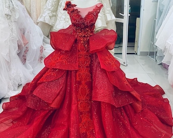 Wondrous red lace tiered skirt ball gown wedding/prom dress with glitter tulle and train - various styles