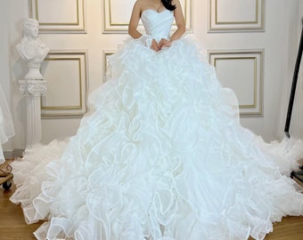 Unique layered ruffled tulle skirt sweetheart neck off the shoulder white ball gown wedding dress with train - various styles