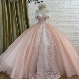 Sweet or dusty pink sparkle drop sleeves beaded lace ball gown wedding dress - various styles