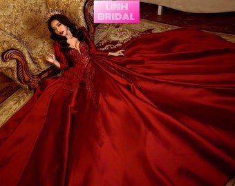 Extravagant red satin ball gown wedding/prom dress with red flower and glitter details