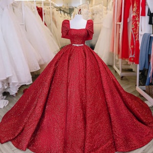 Square or illusion sweetheart neck red sparkle beaded ball gown wedding dress with short sleeves - various styles