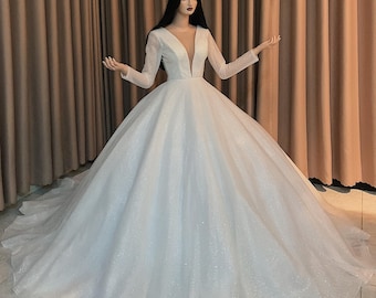Long sleeves deep V neck sparkle white ballgown wedding dress with glitter tulle and train - various styles