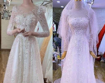 Long sleeves sparkly lace white A-line wedding dress - optional veil - various styles