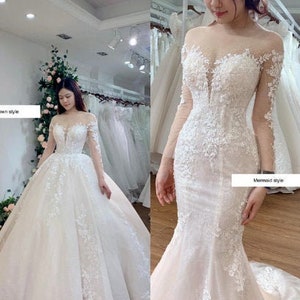 2 in 1 ballgown and mermaid/Aline white lace wedding dress with train - various styles