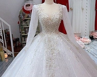 Gentle elegant long sleeve sweetheart neck floral lace white ball gown wedding dress with lace underlay - various styles