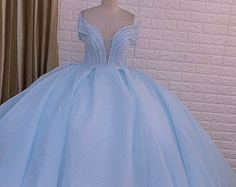 Light blue - ombre blue beaded sparkle ball gown wedding dress with train & glitter tulle - various styles